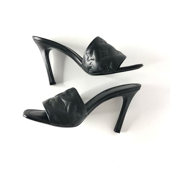 Louis Vuitton Revival Monogram Emboss Black Leather Heeled Mules Sandals 40 - Picture 7 of 11